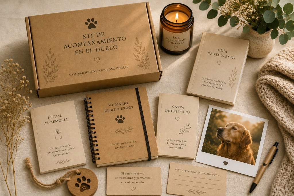 Kit de acompañamiento en el duelo: guías, diario de recuerdos, vela y elementos para honrar a una mascota