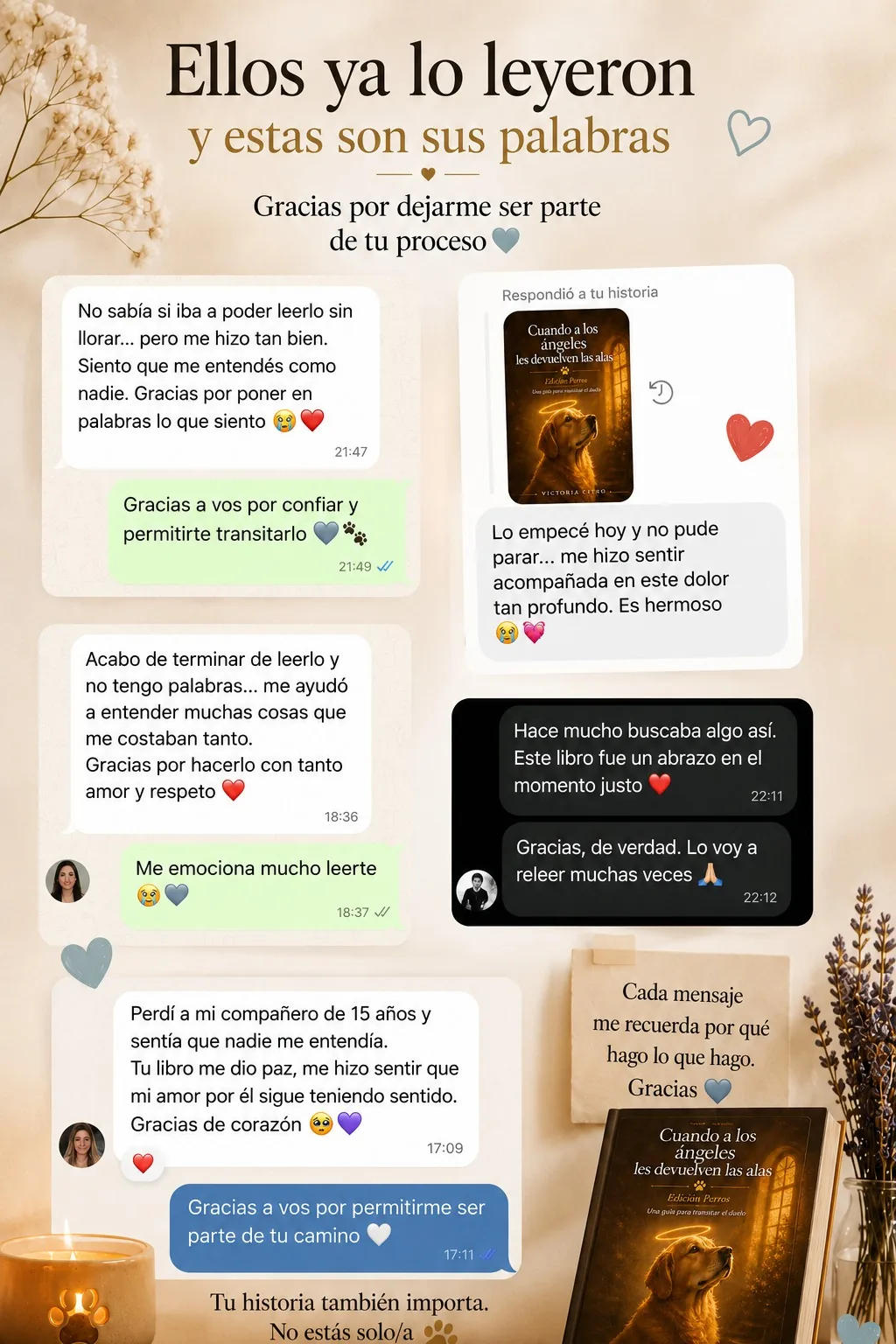 Mensajes reales de lectoras agradeciendo la guía: «Este libro fue un abrazo en el momento justo», «Me ayudó a entender muchas cosas», entre otros.