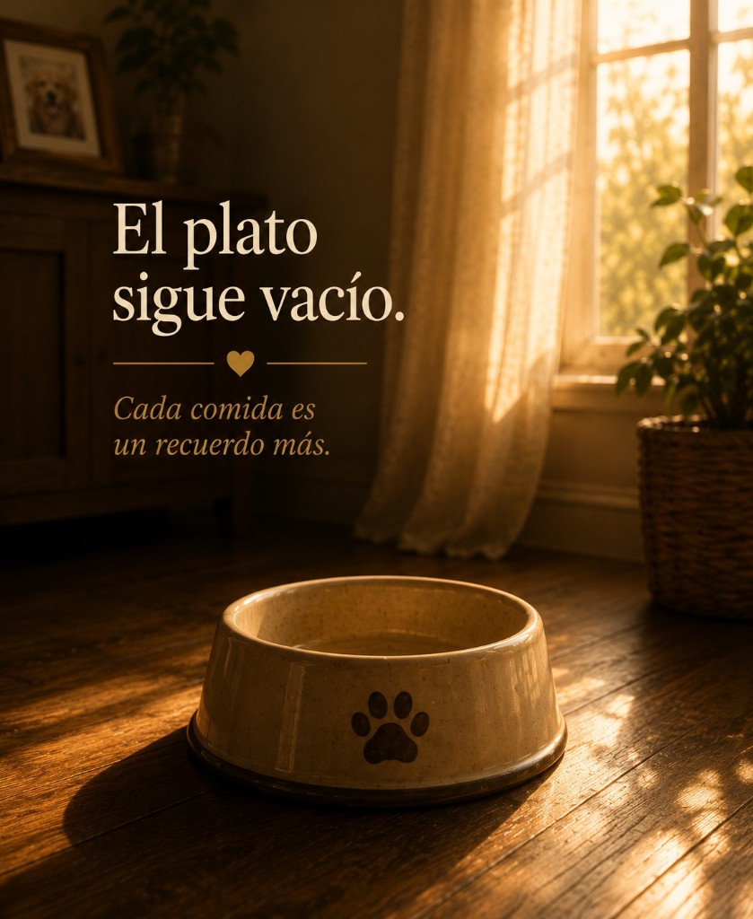El plato de comida vacío en el piso. «El plato sigue vacío. Cada comida es un recuerdo más.»