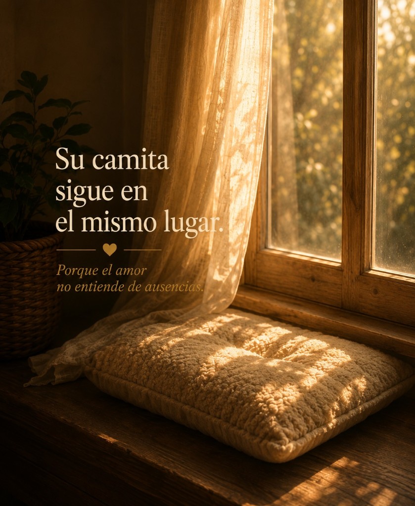 El cojín donde esperaba, sobre el alféizar de la ventana. «Su camita sigue en el mismo lugar. Porque el amor no entiende de ausencias.»