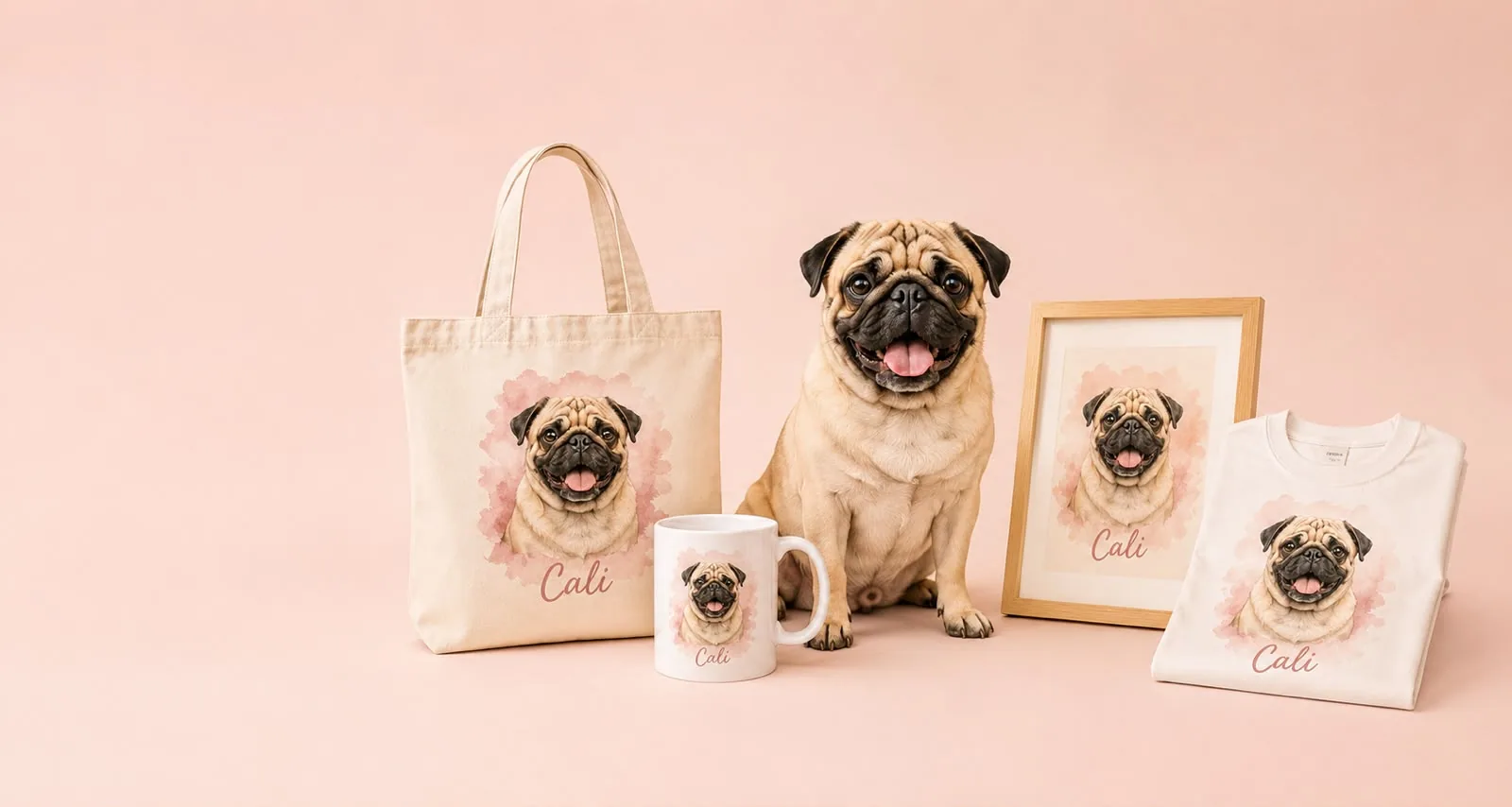 Productos con el retrato de tu mascota: bolso, taza, cuadro y remera